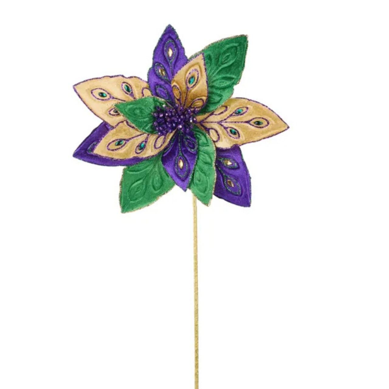 Vibrant Mardi Gras Poinsettia Flower Stem in Green, Purple & Gold - 22"L Decorative Supply-HG3266